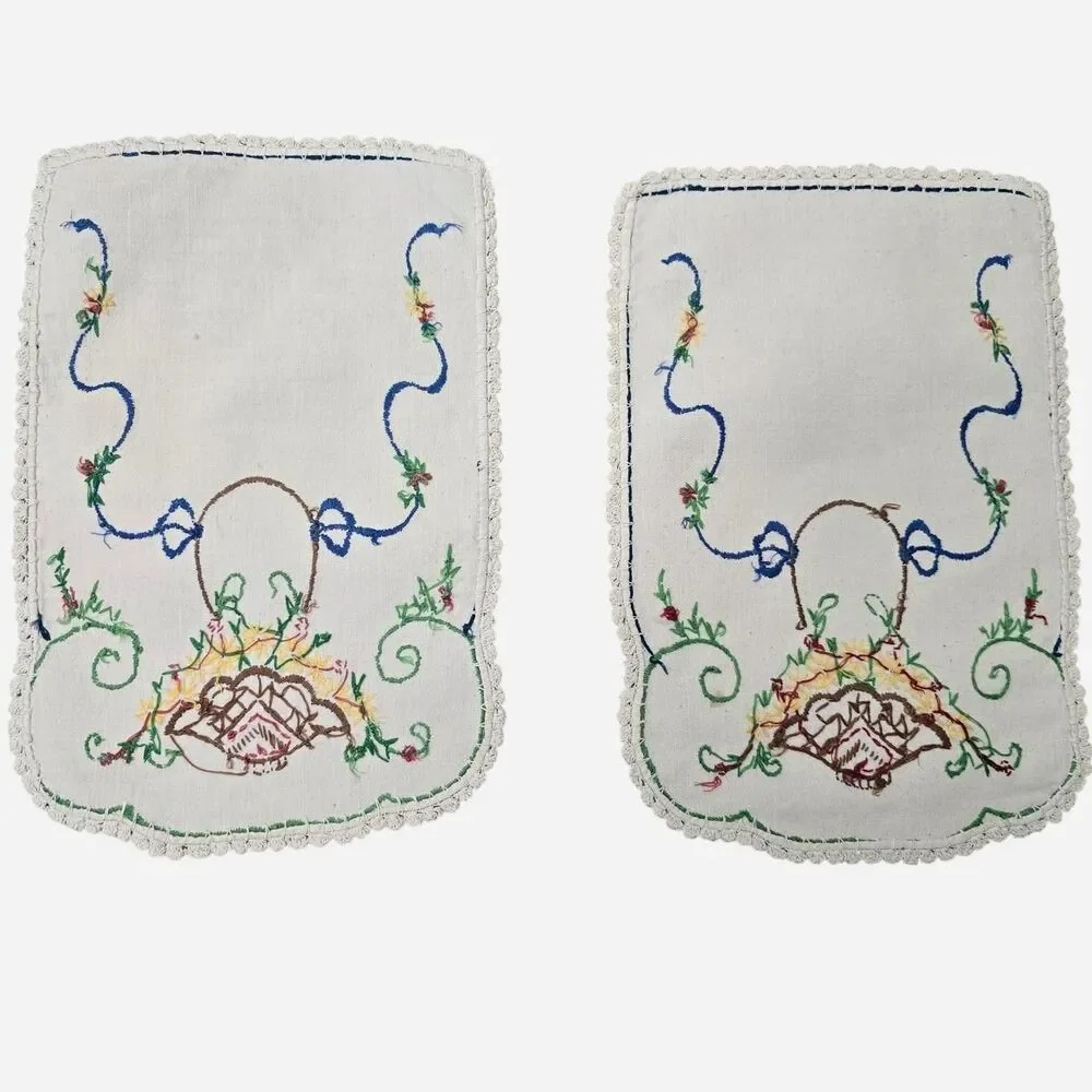 Vintage Art Deco hand-embroidered linen doilies dresser scarves/armrest covers